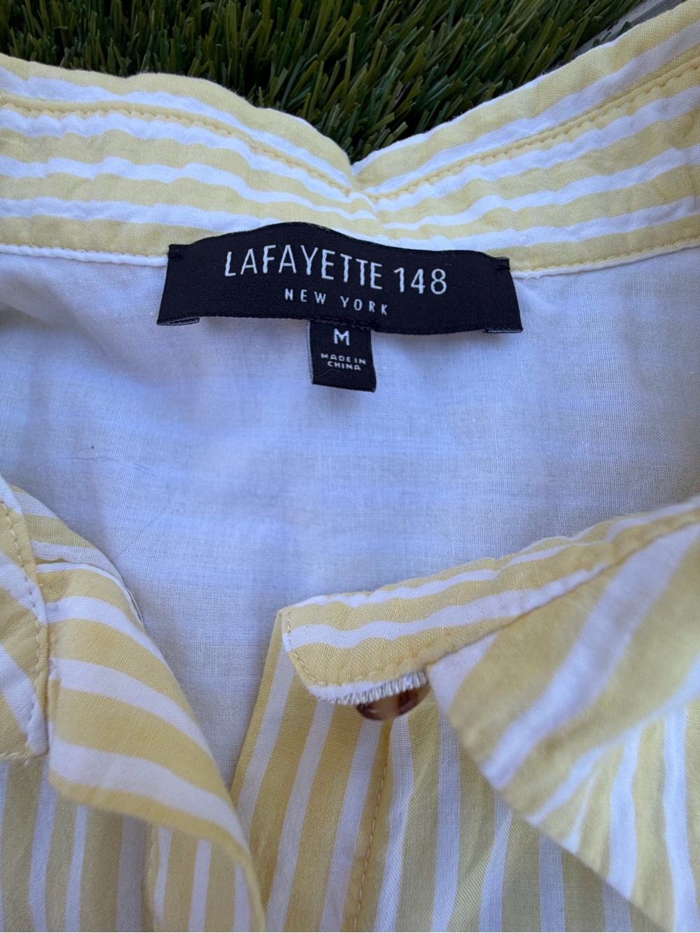 Lafayette 148 New York Short Sleeve Yellow Stripe Button-Down Shirt - Picture 2 of 8
